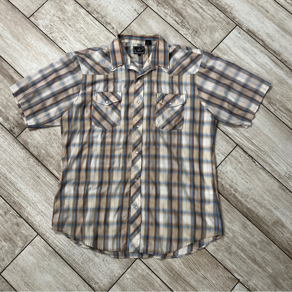 Roper 2XL Western Short Sleeve Shirt Pearl Snap Blue/Brown/Cream
